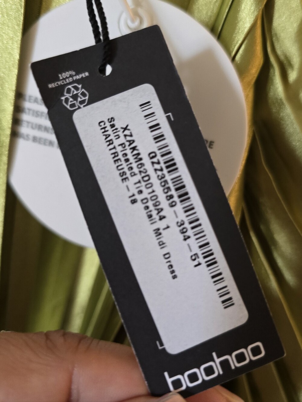 BNWT Green Satin/Poly Pleated Tie-Detail Midi Long Sleeve Holiday Dress - Picture 7 of 16